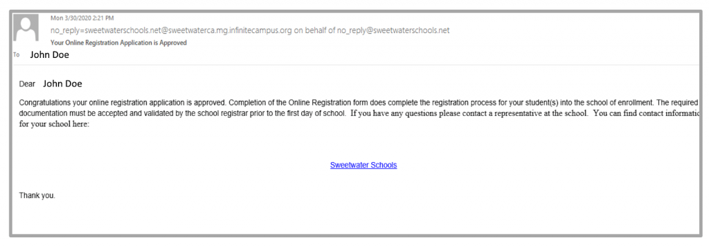 Congratulations message, your online registration has been approved
